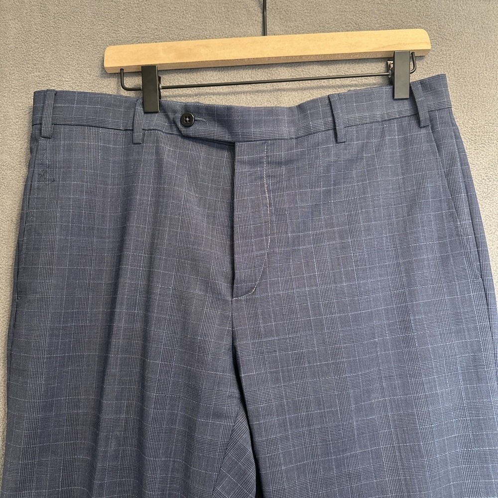 Zanella Devon Pants Glen Plaid 100% Wool Flat Front Trousers 36x30 Blue Italy